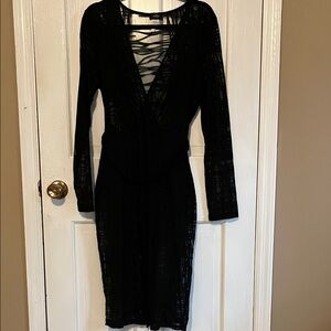 Chic Black Mesh Transparent Midi Dress with attached bottoms and belt